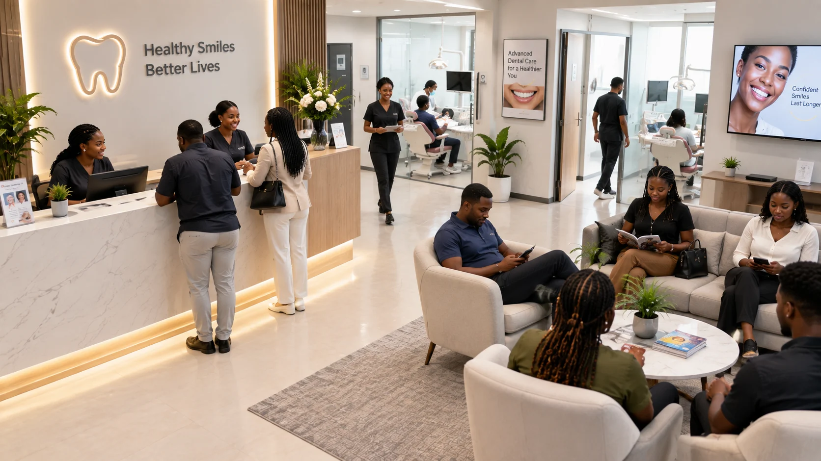 Aerial view of a thriving dental clinic reception area full, staff in motion, patients being welcomed