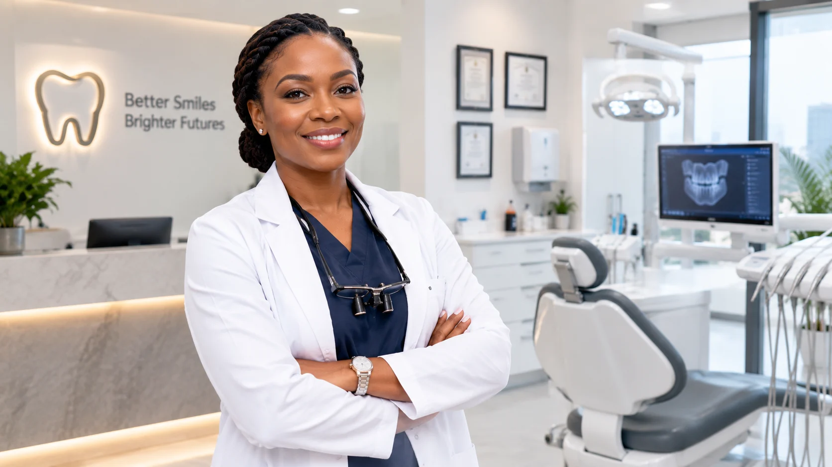 Confident dental practice owner or principal dentist in modern clinic — professional portrait, clinic environment