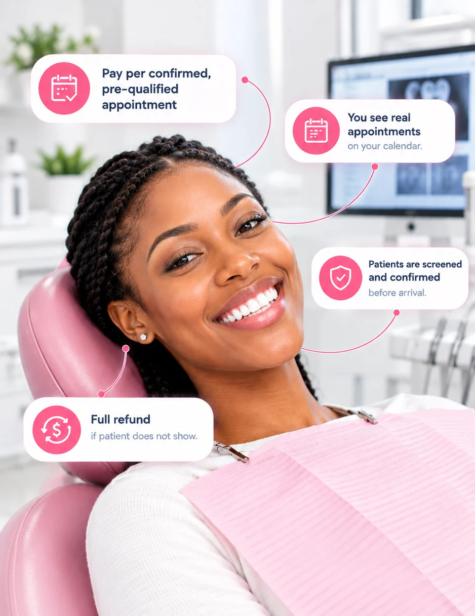 Patient smiling in dental chair after procedure — confident, satisfied, bright smile closeup